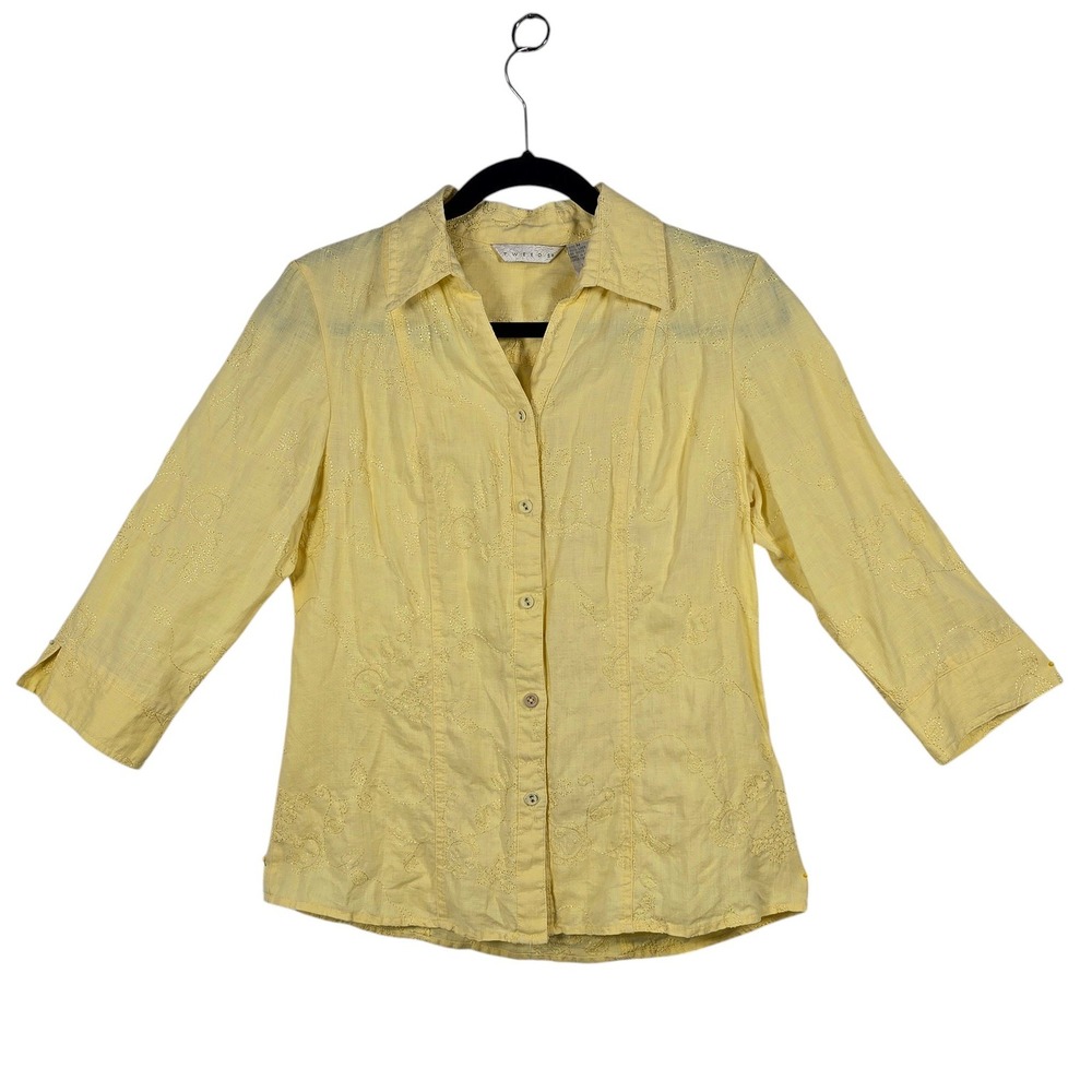 Tweeds Yellow 100% Linen Floral Embroidered Button Down Shirt Womens Medium